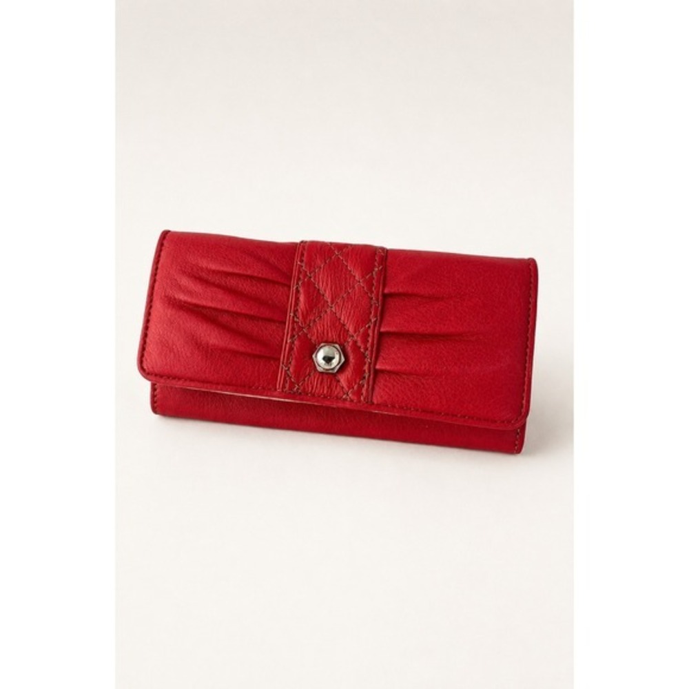 VTG Retro Liz Claiborne Pleated Pebbled Leather Wallet Clutch Red Quilted NIB